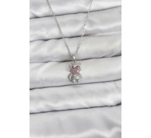 316L Çelik Zincir Gümüş Renk Teddy Bear Model Zirkon Taşlı Kadın Kolye - TJ-BKO10853