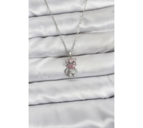 316L Çelik Zincir Gümüş Renk Teddy Bear Model Zirkon Taşlı Kadın Kolye - TJ-BKO10853