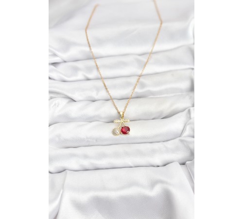 316L Çelik Zincir Gold Renk Kiraz Model Zirkon Taşlı Kadın Kolye - TJ-BKO10854