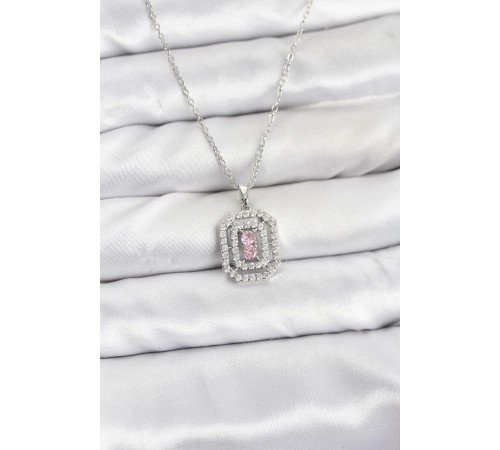 316L Çelik Zincir Gümüş Renk Plaka Model Zirkon Taşlı Kadın Kolye - TJ-BKO10859