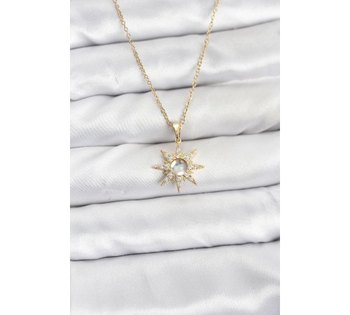 316L Çelik Zincir Gold Renk Kutup Yıldızı Model Zirkon Taşlı Kadın Kolye - TJ-BKO10861