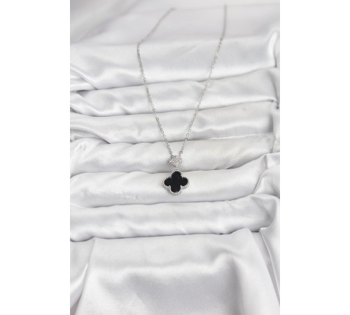 316L Çelik Zincir Gümüş Renk Yonca Model Zirkon Taşlı Kadın Kolye - TJ-BKO10862