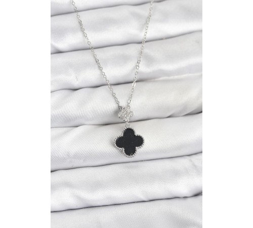 316L Çelik Zincir Gümüş Renk Yonca Model Zirkon Taşlı Kadın Kolye - TJ-BKO10862