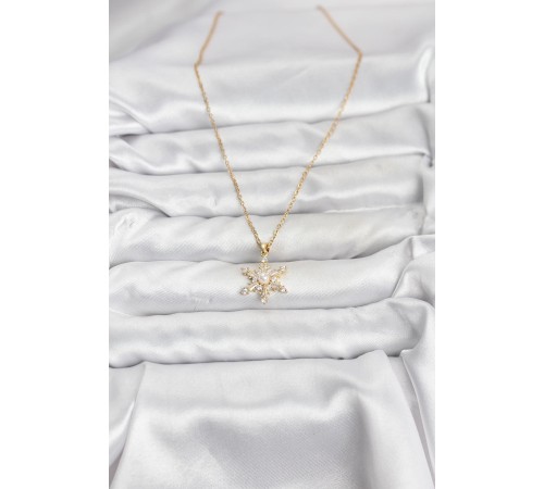 316L Çelik Zincir Gold Renk Kar Tanesi Model Zirkon Taşlı Kadın Kolye - TJ-BKO10865