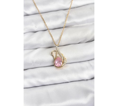 316L Çelik Zincir Gold Renk Pembe Kuğu Model Zirkon Taşlı Kadın Kolye - TJ-BKO10867