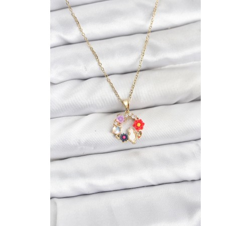 316L Çelik Zincir Gold Renk Çiçekli Kedili Model Kadın Kolye - TJ-BKO10871