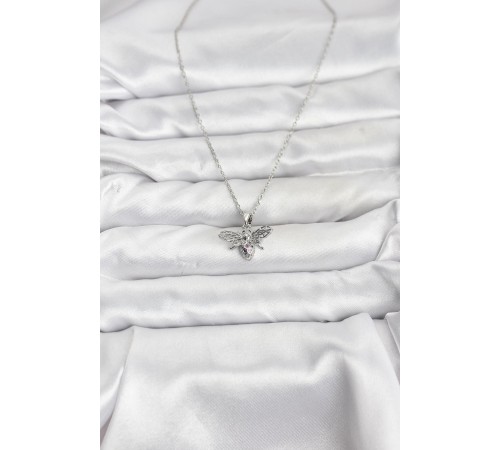 316L Çelik Zincir Gümüş Renk Sinek Model Zirkon Taşlı Kadın Kolye - TJ-BKO10874