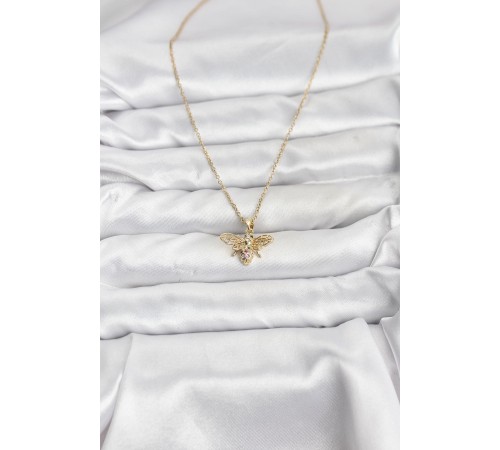 316L Çelik Zincir Gold Renk Sinek Model Zirkon Taşlı Kadın Kolye - TJ-BKO10875