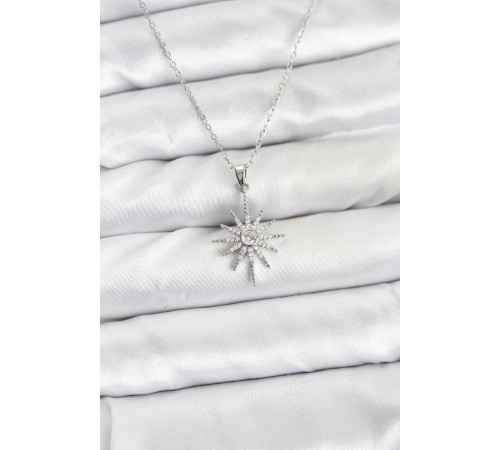 316L Çelik Zincir Gümüş Renk Kutup Yıldızı Model Zirkon Taşlı Kadın Kolye - TJ-BKO10876