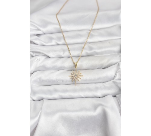 316L Çelik Zincir Gold Renk Kutup Yıldızı Model Zirkon Taşlı Kadın Kolye - TJ-BKO10877