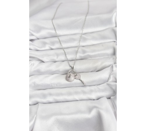 316L Çelik Zincir Gümüş Renk Kilit Anahtar Model Zirkon Taşlı Kadın Kolye - TJ-BKO10880