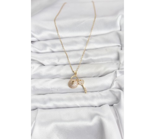 316L Çelik Zincir Gold Renk Kilit Anahtar Model Zirkon Taşlı Kadın Kolye - TJ-BKO10881