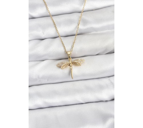 316L Çelik Zincir Gold Renk Yusufçuk Model Zirkon Taşlı Kadın Kolye - TJ-BKO10887