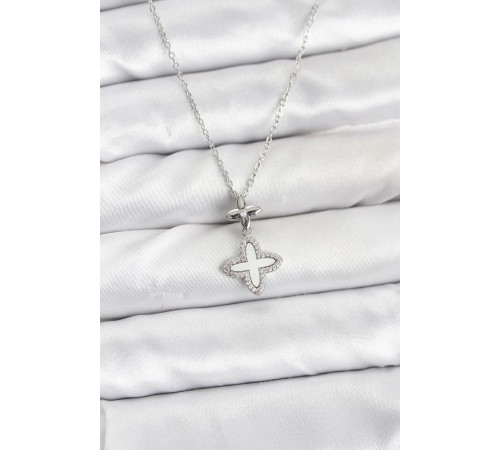 316L Çelik Zincir Gümüş Renk 4 Yapraklı Yonca Model Zirkon Taşlı Kadın Kolye - TJ-BKO10888