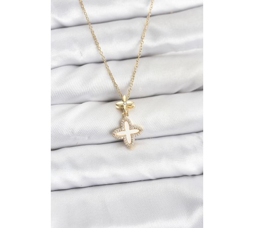 316L Çelik Zincir Gold Renk 4 Yapraklı Yonca Model Zirkon Taşlı Kadın Kolye - TJ-BKO10889