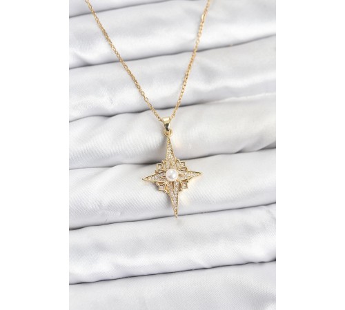 316L Çelik Zincir Gold Renk Kutup Yıldızı Model Zirkon Taşlı Kadın Kolye - TJ-BKO10893