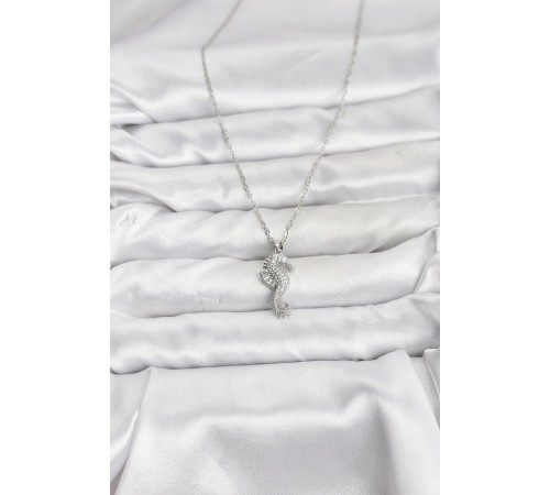 316L Çelik Zincir Gümüş Renk Deniz Atı Model Zirkon Taşlı Kadın Kolye - TJ-BKO10894