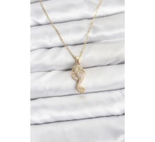 316L Çelik Zincir Gold Renk Deniz Atı Model Zirkon Taşlı Kadın Kolye - TJ-BKO10895