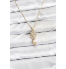 316L Çelik Zincir Gold Renk Deniz Atı Model Zirkon Taşlı Kadın Kolye - TJ-BKO10895