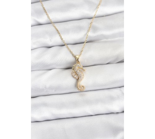 316L Çelik Zincir Gold Renk Deniz Atı Model Zirkon Taşlı Kadın Kolye - TJ-BKO10895