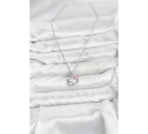 316L Çelik Zincir Gümüş Renk Pembe Taş Detaylı Çelenk Model Kadın Kolye - TJ-BKO10902