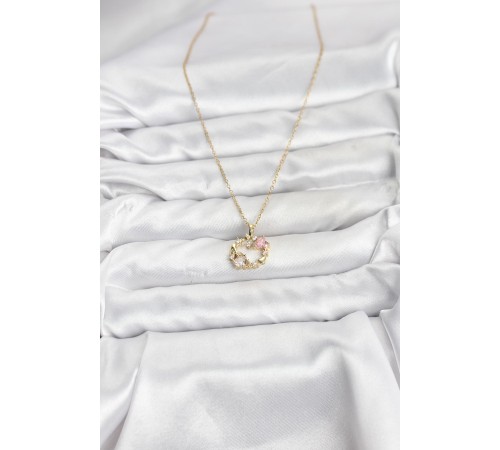 316L Çelik Zincir Gold Renk Pembe Taş Detaylı Çelenk Model Kadın Kolye - TJ-BKO10903