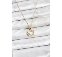 316L Çelik Zincir Gold Renk Pembe Taş Detaylı Çelenk Model Kadın Kolye - TJ-BKO10903