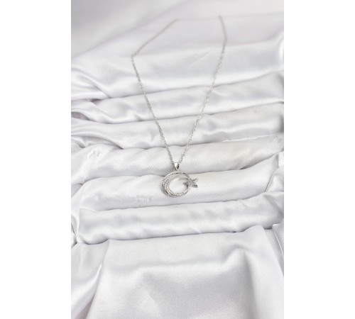 316L Çelik Zincir Gümüş Renk Ay Yıldız Model Zirkon Taşlı Kadın Kolye - TJ-BKO10904