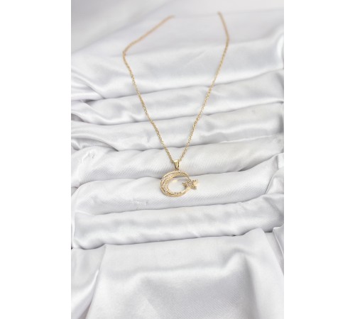 316L Çelik Zincir Gold Renk Ay Yıldız Model Zirkon Taşlı Kadın Kolye - TJ-BKO10905
