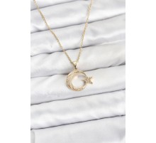 316L Çelik Zincir Gold Renk Ay Yıldız Model Zirkon Taşlı Kadın Kolye - TJ-BKO10905
