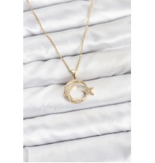 316L Çelik Zincir Gold Renk Ay Yıldız Model Zirkon Taşlı Kadın Kolye - TJ-BKO10905