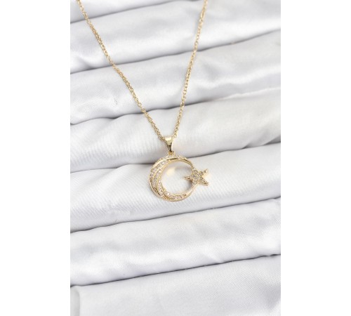 316L Çelik Zincir Gold Renk Ay Yıldız Model Zirkon Taşlı Kadın Kolye - TJ-BKO10905