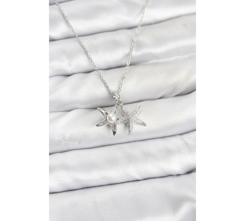 316L Çelik Zincir Gümüş Renk Deniz Yıldızı Model Zirkon Taşlı Kadın Kolye - TJ-BKO10906