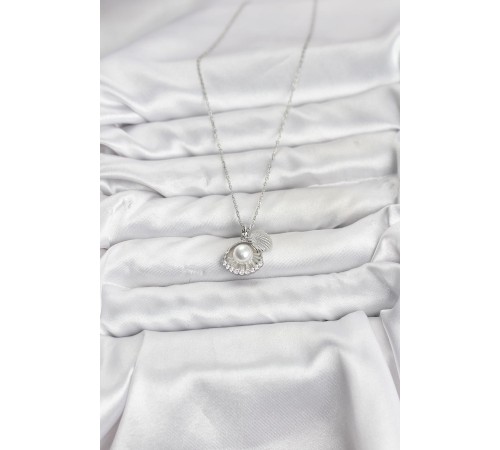316L Çelik Zincir Gümüş Renk İncili Deniz Kabuğu Model Zirkon Taşlı Kadın Kolye - TJ-BKO10910