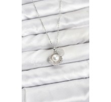 316L Çelik Zincir Gümüş Renk İncili Deniz Kabuğu Model Zirkon Taşlı Kadın Kolye - TJ-BKO10910