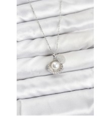 316L Çelik Zincir Gümüş Renk İncili Deniz Kabuğu Model Zirkon Taşlı Kadın Kolye - TJ-BKO10910