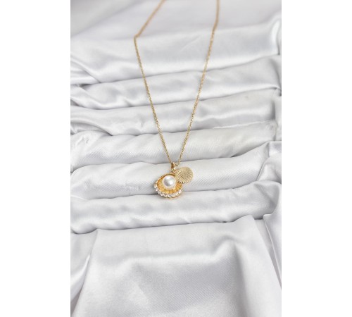 316L Çelik Zincir Gold Renk İncili Deniz Kabuğu Model Zirkon Taşlı Kadın Kolye - TJ-BKO10911