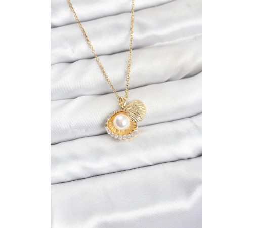 316L Çelik Zincir Gold Renk İncili Deniz Kabuğu Model Zirkon Taşlı Kadın Kolye - TJ-BKO10911