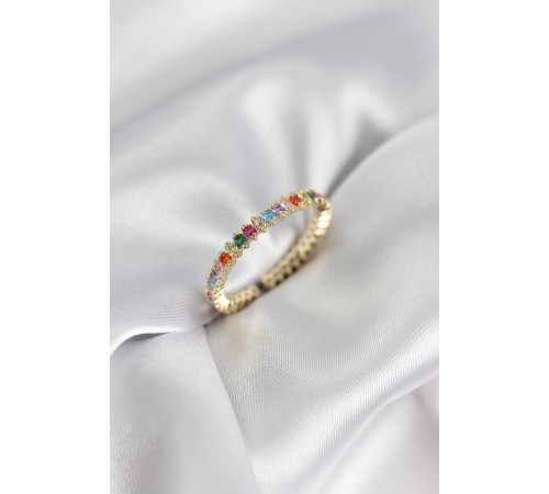 Sıralı Karışık Renkli Gold Renk Zirkon Taşlı Kadın Yüzük - TJ-BYK3928