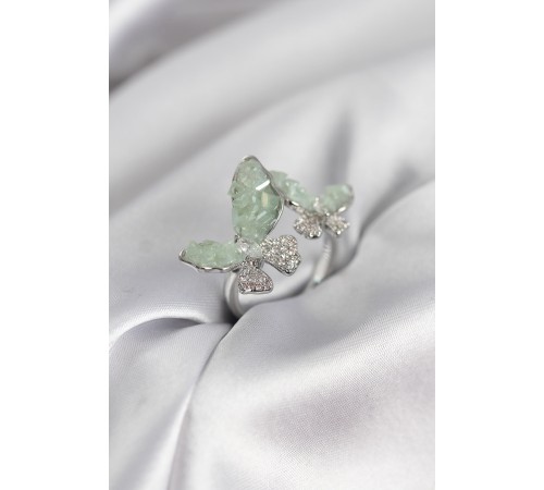 Gümüş Renk Su Yeşili Kelebek Model Zirkon Taşlı Kadın Yüzük - TJ-BYK3947