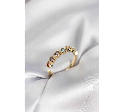 Gold Renk Kalp Model Renkli Zirkon Taşlı Kadın Yüzük - TJ-BYK3963