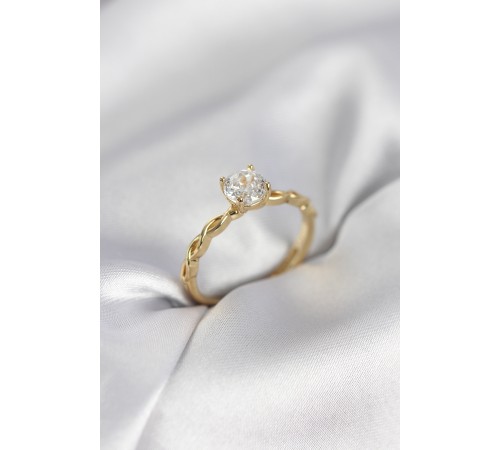 Gold Renk Sarmal Zincir Model Tek Taş Model Zirkon Taşlı Kadın Yüzük - TJ-BYK3975