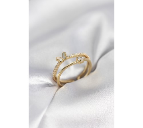 Gold Renk 2'li Zirkon Taşlı Kelebek Model Kadın Yüzük - TJ-BYK3977