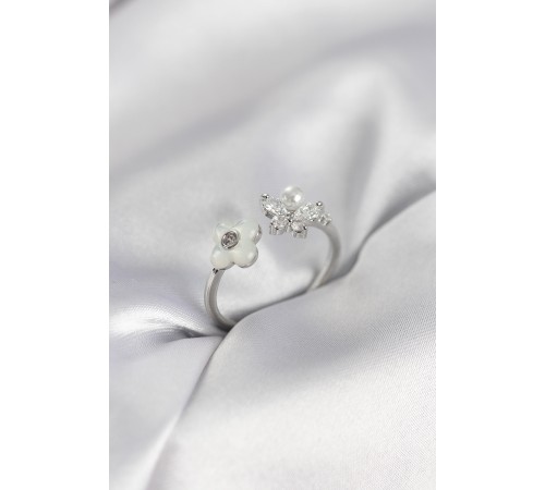 Gümüş Renk Sedefli Çiçek Model Kadın Yüzük - TJ-BYK3982