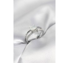 Gümüş Renk Sedefli Kedi Model Fiyonklu Zirkon Taşlı Kadın Yüzük - TJ-BYK4016