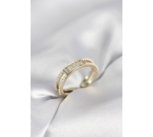 Baget Zirkon Taşlı Gold Renk İncili Kadın Yüzük - TJ-BYK4032