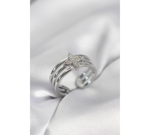 Gümüş Renk Zirkon Taşlı Yonca Model Kadın Yüzük - TJ-BYK4053