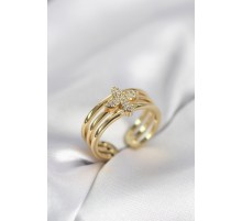 Gold Renk Zirkon Taşlı Yonca Model Kadın Yüzük - TJ-BYK4054