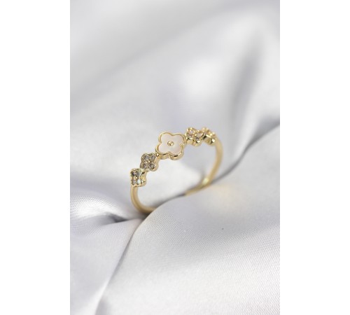 Gold Renk Minimal Yonca ve Zirkon Taşlı Kadın Yüzük - TJ-BYK4058