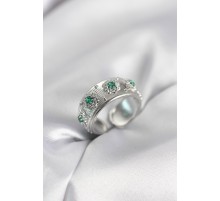 Yeşil Zirkon Taşlı Gümüş Renk Vintage Kadın Yüzük - TJ-BYK4083